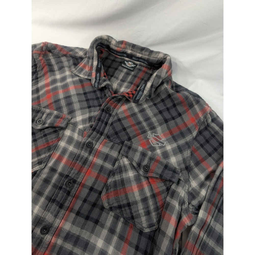 Harley Davidson Shirt Men Large Gray Red Flannel Moto Plaid Gingham Plaid Lining